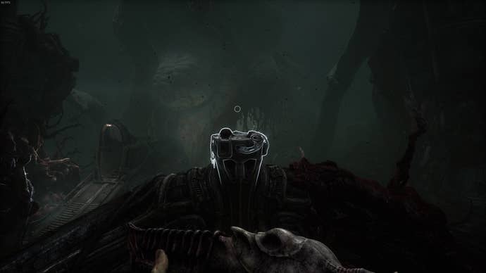 The player faces a two-handed pillar in Act 4 of Scorn