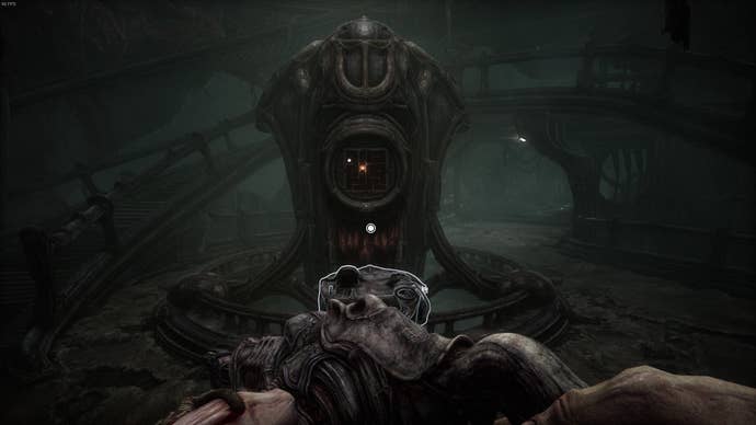 The player faces the pillars with the maze puzzles in Act 4 of Scorn