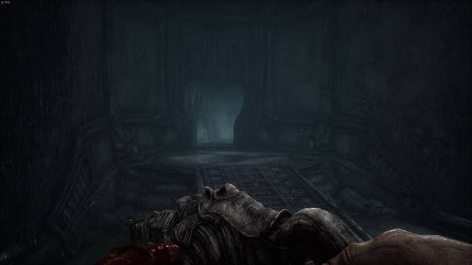 The player looks along a corridor in Act 5 of Scorn