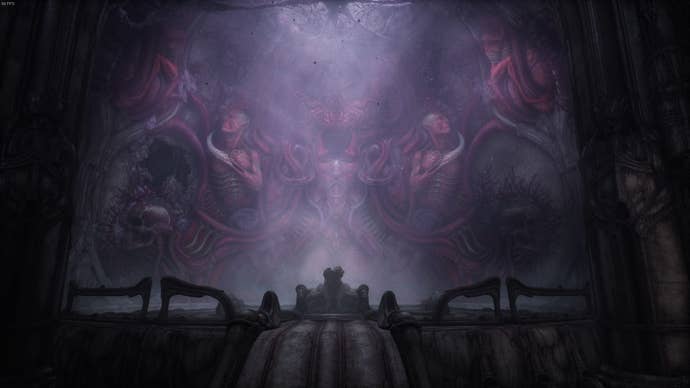 The player looks up at a grand wall with a two handed pillar in front of it in Act 5 of Scorn