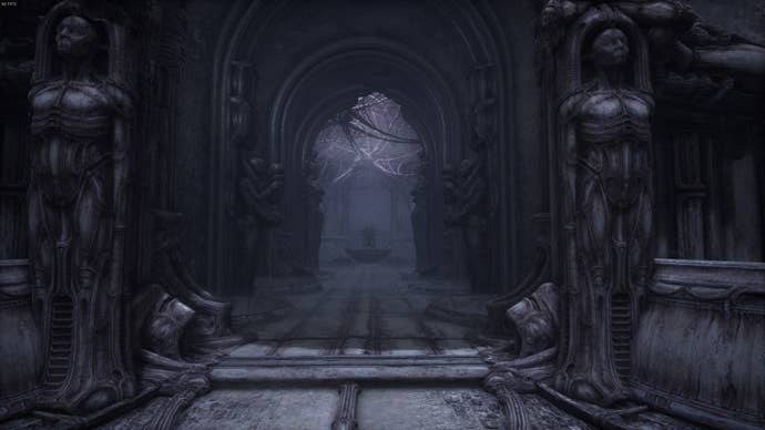 The player looks at the entrance to some sort of alien meat palace in Act 5 of Scorn