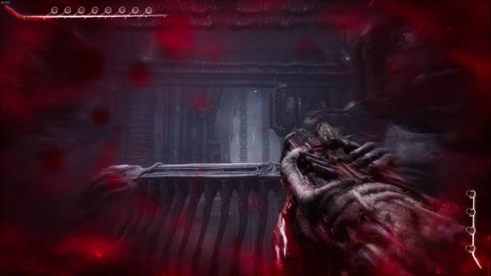 The player fires their grenade at another opening ahead of them in Act 5 of Scorn