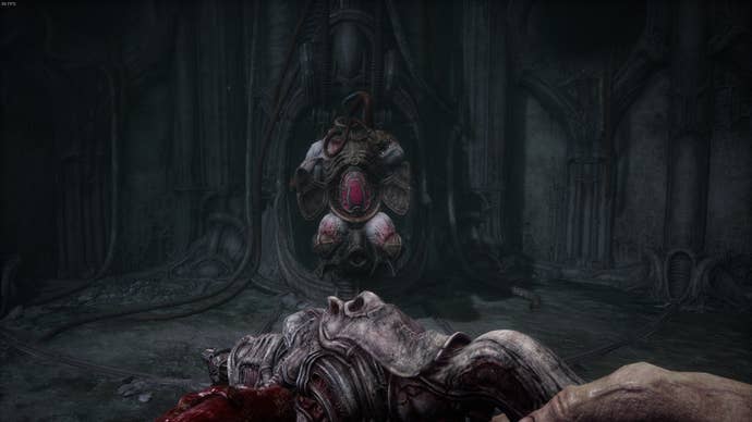 The player faces the grenade launcher boss before they've been awoken in Act 5 of Scorn