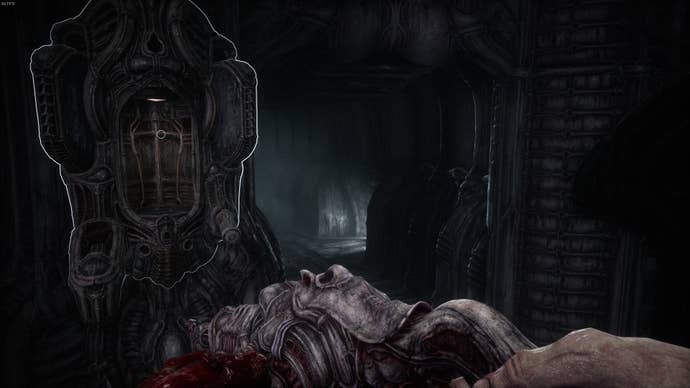 The player looks over at an entrance to a secret room after interacting with a machine in Act 5 of Scorn