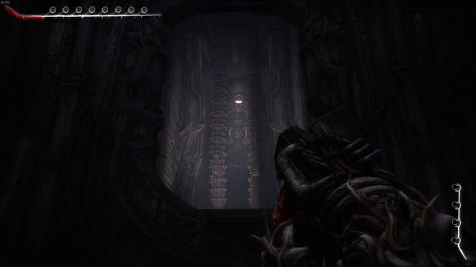 The player points their grenade launcher at an opening above them in Act 5 of Scorn