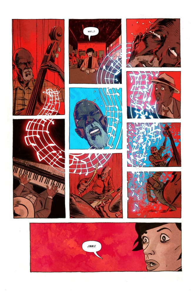 One page of panels, featuring Jimmy playing music and dropping his cello