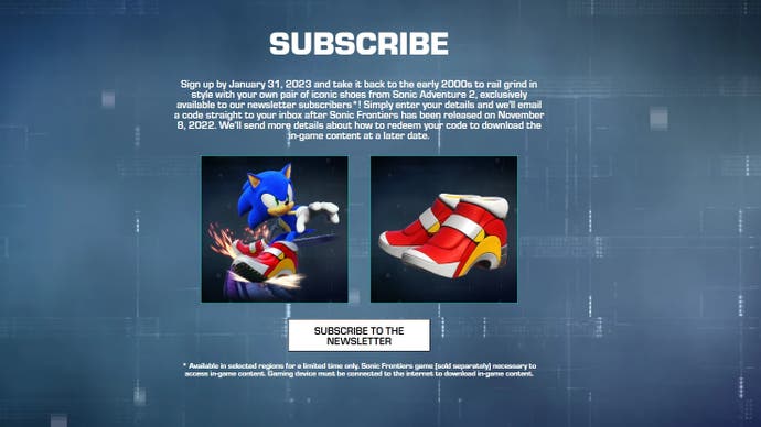 Sonic Frontiers newsletter subscribe for the Soap shoes