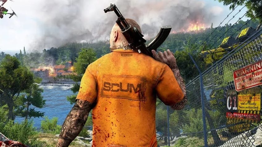 Key art from Scum showing a prisoner holding an AK47 with their back turned while smoke rises in the distance