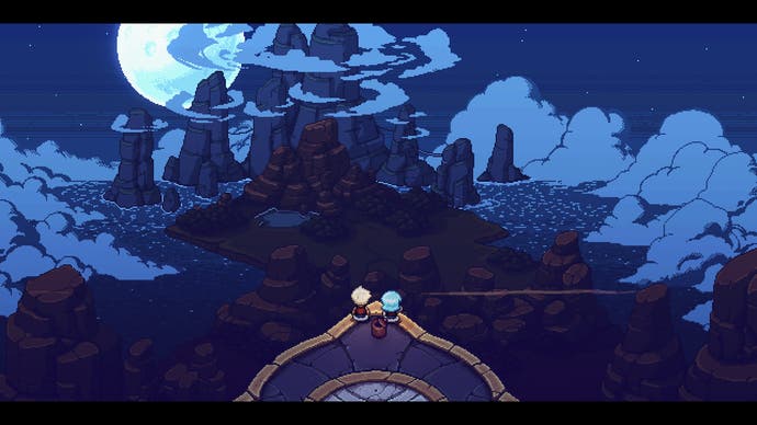 Screenshot from Sea Of Stars, showing two children sitting on a cliffside and staying at the moon