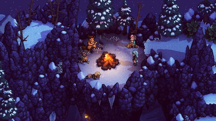 Screenshot from Sea Of Stars, showing our party camping next to a fire.