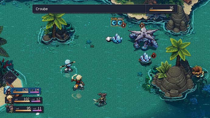 Captura de pantalla de Sea Of Stars, que muestra una batalla contra algunos enemigos parecidos a sapos.