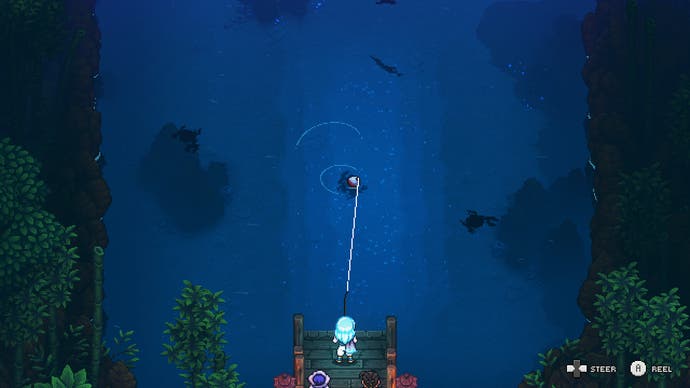 Screenshot from Sea Of Stars, showing the fishing mini-game as Valere reels in a catch.