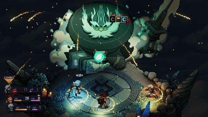Captura de pantalla de Sea Of Stars, que muestra la lucha de un jefe contra un gigante nublado.