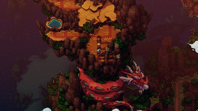 Screenshot from Sea Of Stars, showing a top-down view of the overworld with a dragon wrapped around a mountain.
