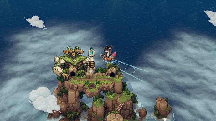 Screenshot from Sea Of Stars, showing a top-down view of the overworld with our pirate ship sailing across the sea.