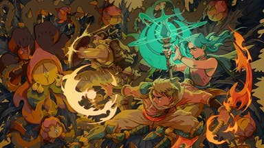 Sea of Stars artwork showing heroes to the right, facing off against various enemies using magical spells