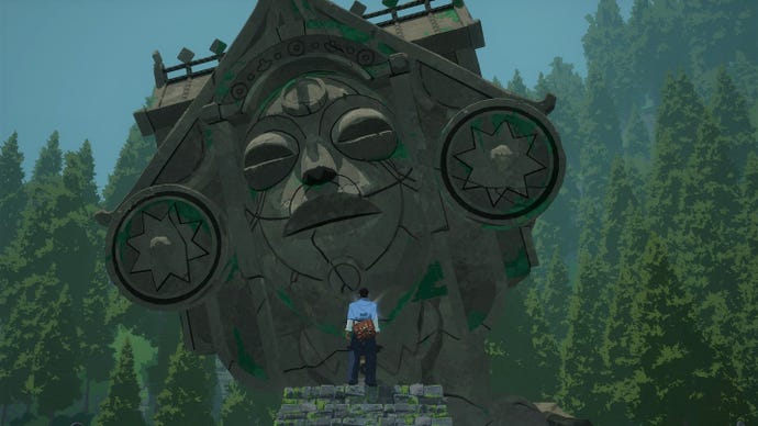 A screenshot from Season showing Estelle standing in front of a huge stone statue of a god's head