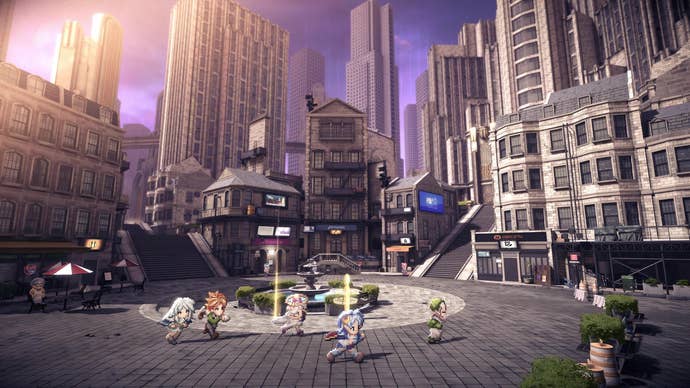 Second Story R screenshot of the main party in the square of a well-detailed sci-fi town, 2D sprites on a 3D background.