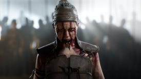 Senua glares into the camera with a group of warriors standing behind in her Senua's Saga: Hellblade 2