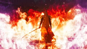 Sephiroth, holding his long sword, his back to the camera, walking away through the flames in Final Fantasy 7 Rebirth.