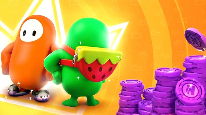green fall guy with the strawberry backpack equipped and orange fall guy with the doggo slippers equipped with purple kudos on an orange background