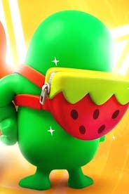 green fall guy with the strawberry backpack equipped