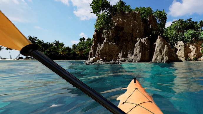 PSVR2 review - kayaking in clear teal water ahead of some lush cliffs