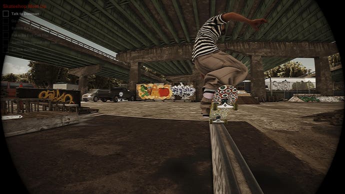 Session Skate Sim review - Grinding on a rail under a highway passover