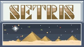 Pixel pyramids and sandy dunes sit under the logo for Setris