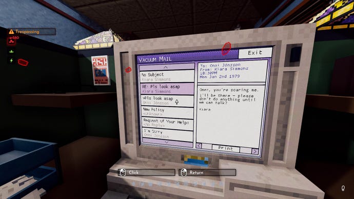 Reading the emails on a old CRT computer monitor  in Shadows Of Doubt