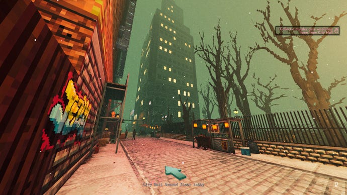 Snow falls gently on the streets of a voxel city in Shadows Of Doubt