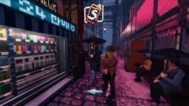 Citizens use their umbrellas in a rainy, neon lit street corner in Shadows Of Doubt