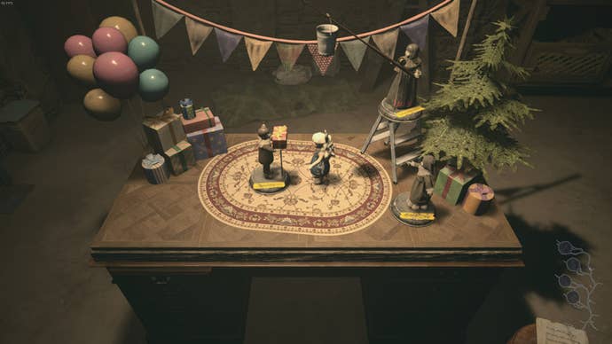 Dolls are placed on the storage room table of Beneviento House in Resident Evil Village's Shadows of Rose DLC