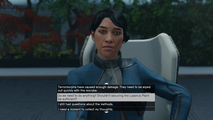 first person view of speaking with the president and picking between aceles or microbe options