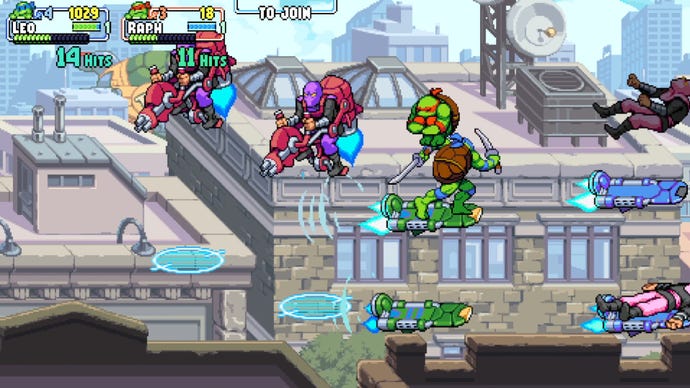 Raphael and Leonardo fight Foot Clan soldiers from their hoverboards with Manhattan apartments in the background in Teenage Mutant Ninja Turtles: Shredder's Revenge.