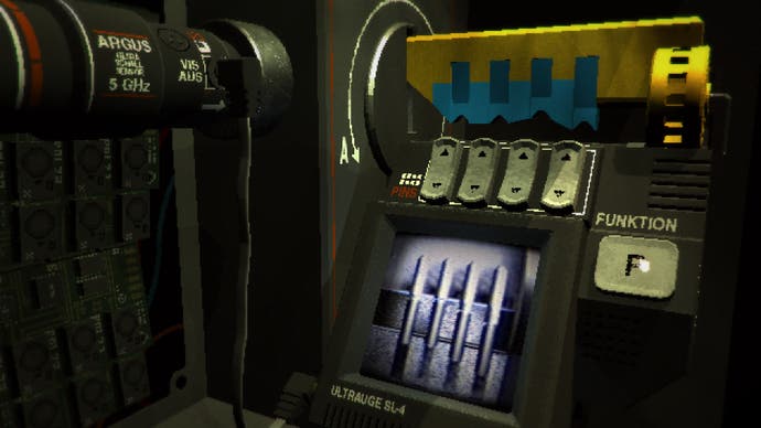 Signalis review - a retro-future computer terminal with keypad buttons, yellow gears and a fuzzy screen