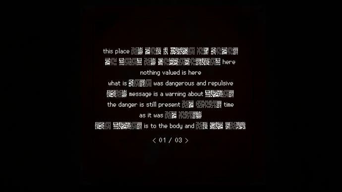 Signalis review - a black screen with white text, mostly redacted, hinting at things that are 'dangerous and repulsive' and 'a message warning about... the danger is still present'