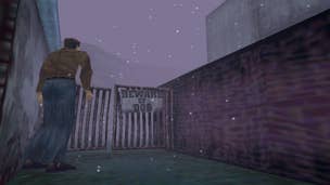 A scene from Silent Hill that shows Harry 
approaching a gate marked 'BEWARE OF DOG'.