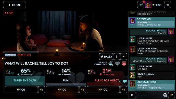 Ein Screenshot der Benutzeroberfläche von Silent Hill: Ascension, mit der Chatbox unten auf einer Seite und verschiedenen Prozentschaltflächen unten.