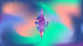 A purple diamond from The Sims against a pastel galaxy background.