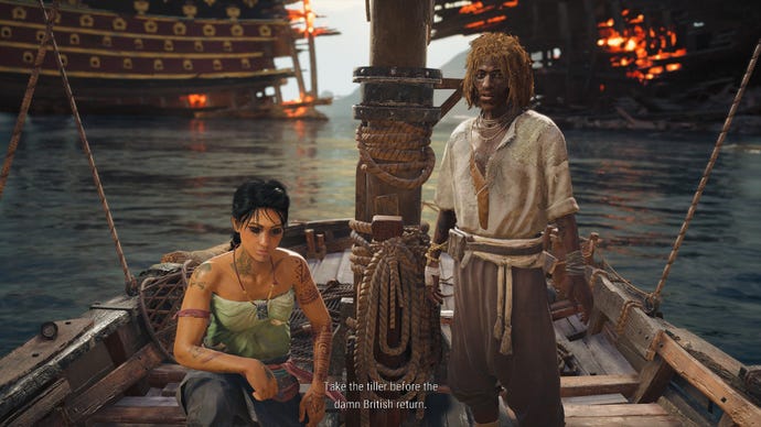 Two pirates standing on a small wooden sloop in Ubisoft's open world game Skull And Bones