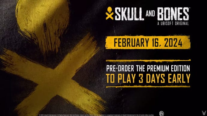 A title card for Skull and Bones showing release date