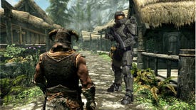 Third person view of the Skyrim hero walking through Riverwood with a photoshopped Master Chief on the right hand side.