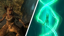 A wood elf in a cave in Skyrim, and Link from Tears Of The Kingdom