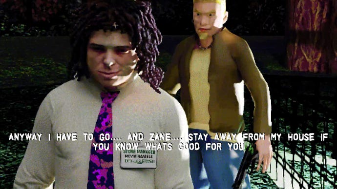 A man in a shirt and tie walks towards the screen while a man in a jacker stands behind him. The subtitle on screen reads "Anyway, I have to go.... and Zane... stay away from my house if you know what's good for you".