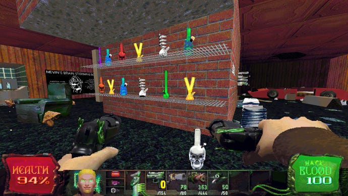 The player observes a wall of bongs in a grungy bedroom.