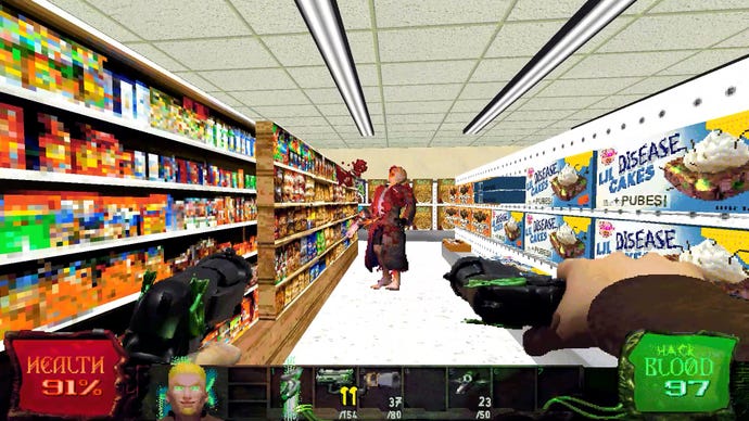 The player shoots a Psyko with their dual pistols in the aisle of a supermarket.