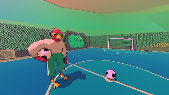 Sludge Life 2 un pájaro antropomórfico en un campo de fútbol