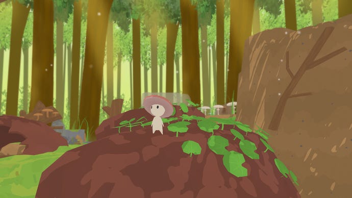 A small mushroom stands atop a large rock in the middle of a forest in Smushi Come Home.