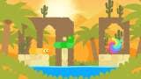 Two snakebirds try to navigate a 2D oasis in this level from Snakebird Complete. They are headed for the exit portal - if they can cross the gaps.